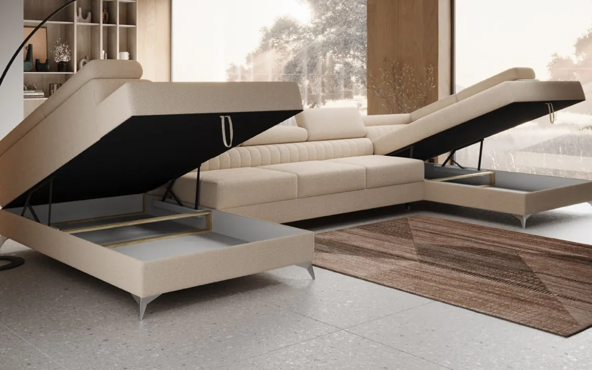 Designer Sofa Aurea U XXL mit Schlaf- und Klappfunktion in Bouclé