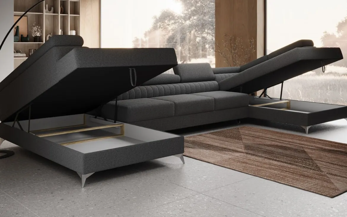 Designer Sofa Aurea U XXL mit Schlaf- und Klappfunktion in Bouclé