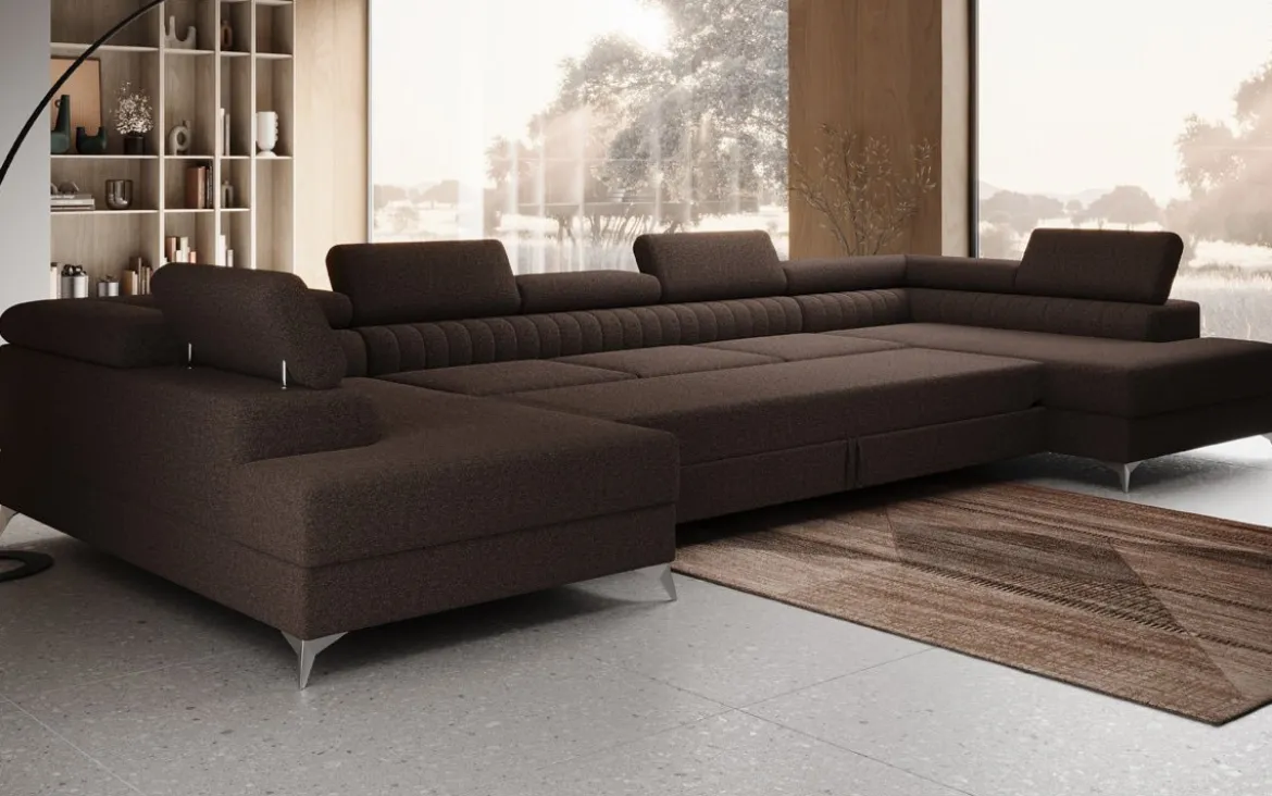 Designer Sofa Aurea U XXL mit Schlaf- und Klappfunktion in Bouclé