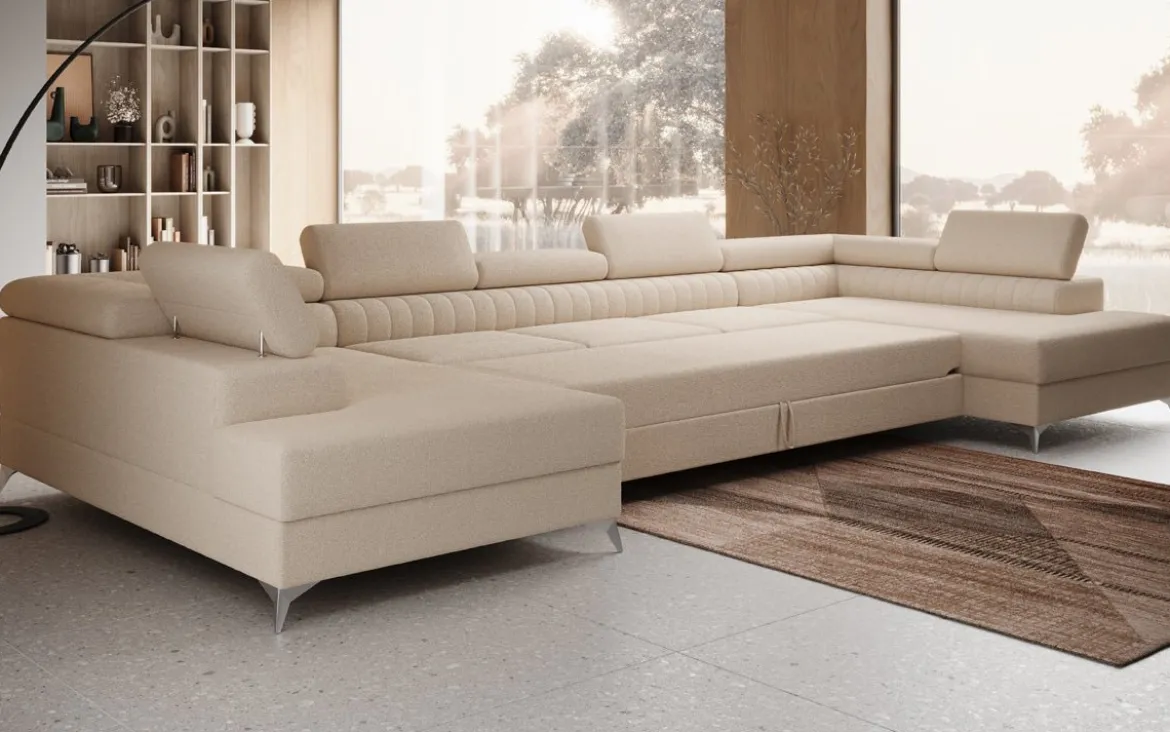 Designer Sofa Aurea U XXL mit Schlaf- und Klappfunktion in Bouclé