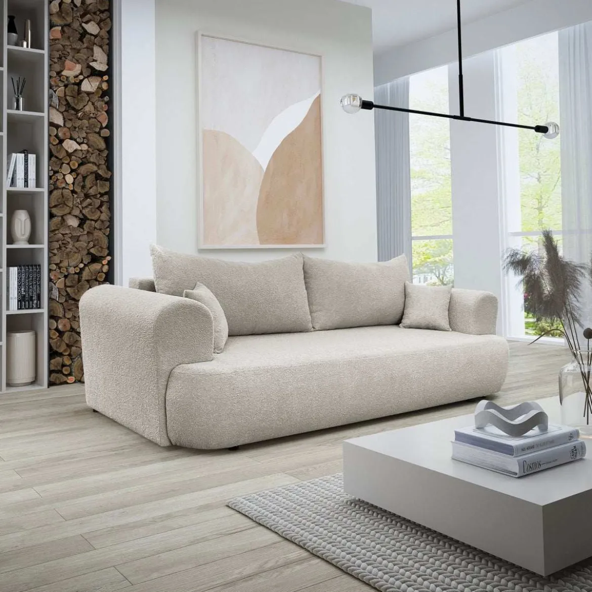 Designer Sofa Baron mit Schlaffunktion und Stauraum aus Boucle