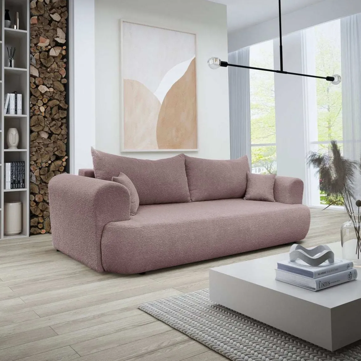 Designer Sofa Baron mit Schlaffunktion und Stauraum aus Boucle