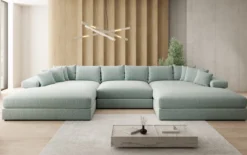 Designer Sofa Bernardo U mit breiter Ottomane in Strukturstoff