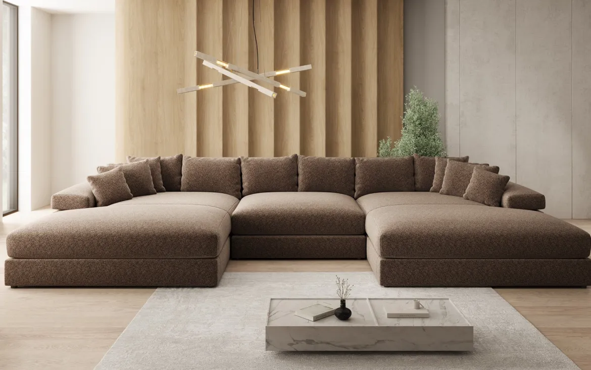 Designer Sofa Bernardo U mit breiter Ottomane in Strukturstoff