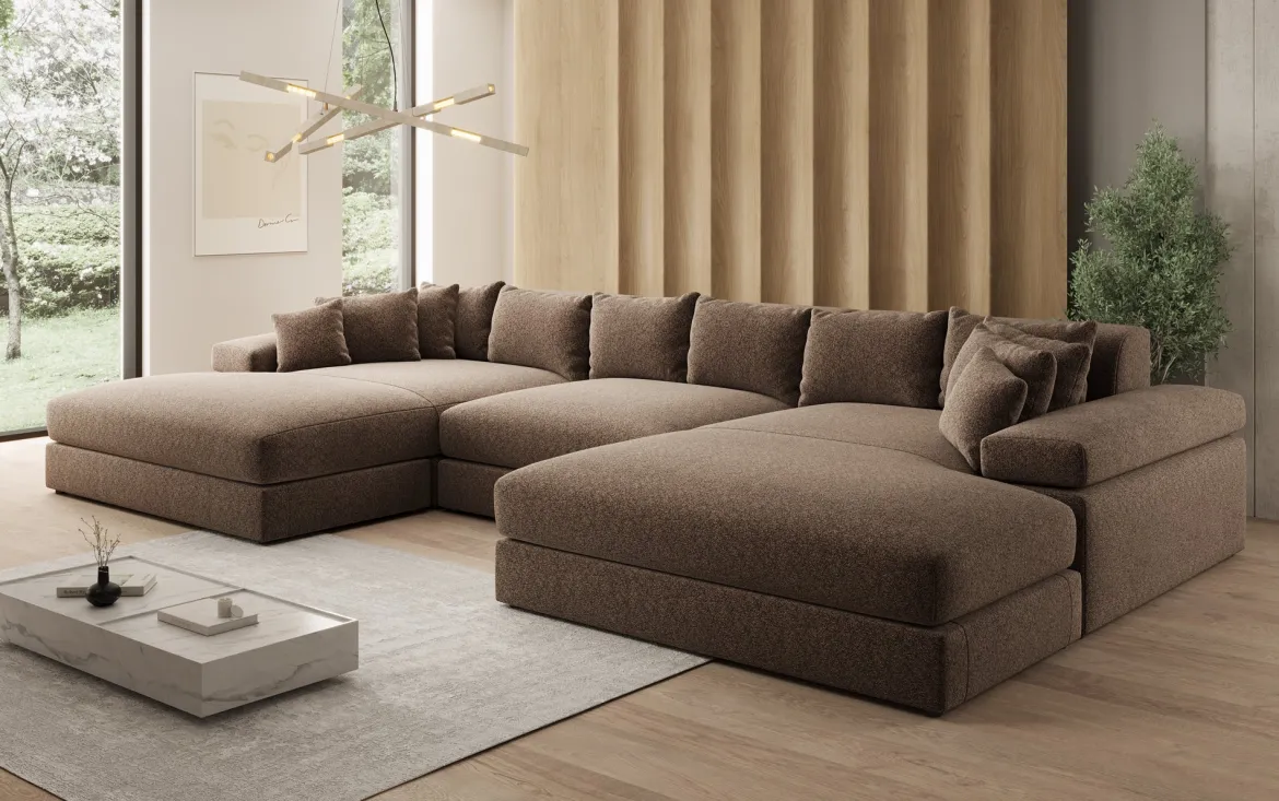 Designer Sofa Bernardo U mit breiter Ottomane in Strukturstoff