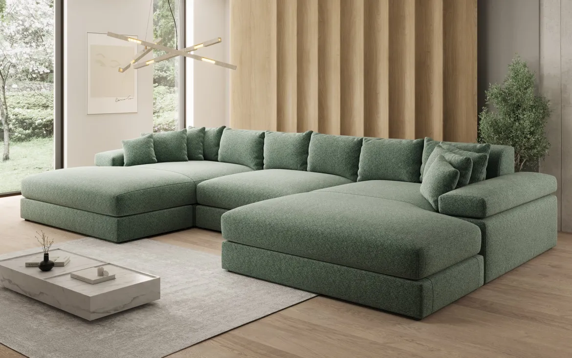 Designer Sofa Bernardo U mit breiter Ottomane in Strukturstoff