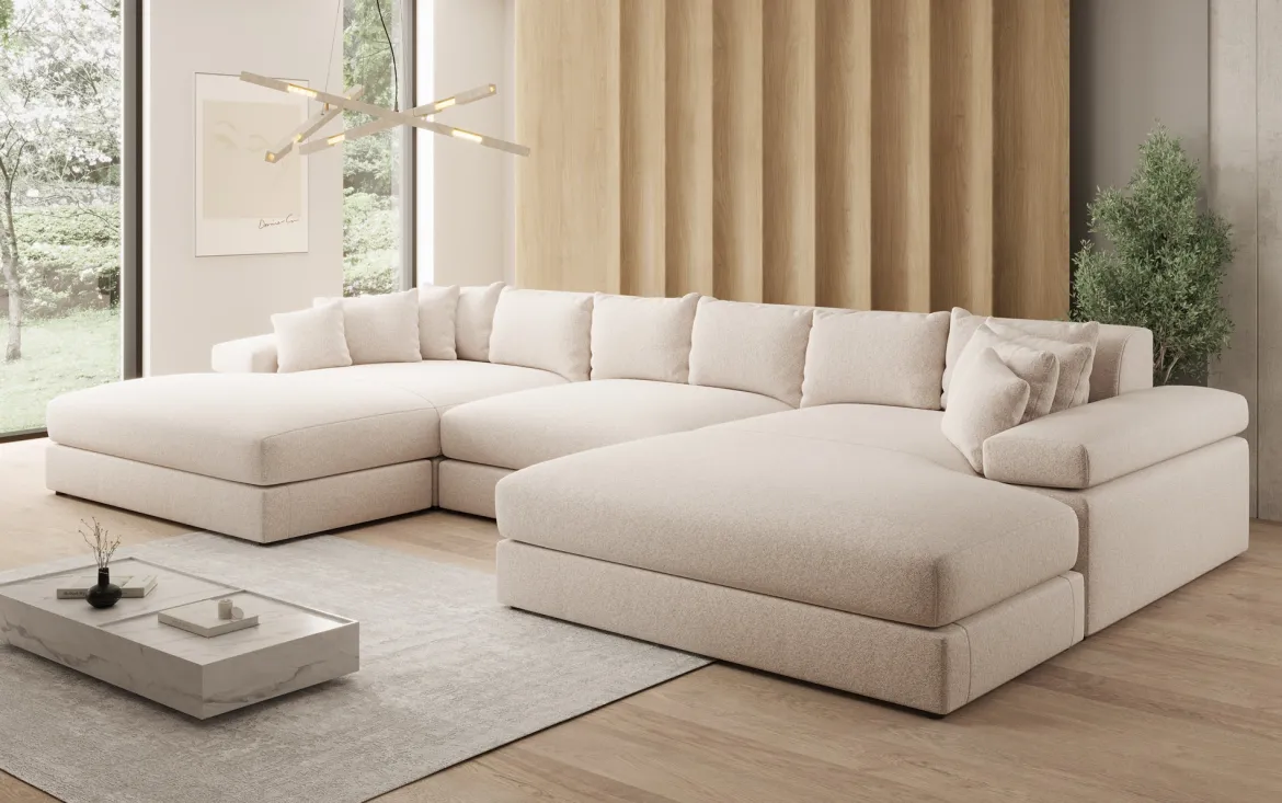 Designer Sofa Bernardo U mit breiter Ottomane in Strukturstoff