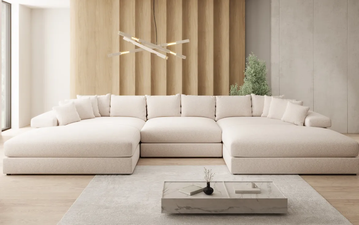 Designer Sofa Bernardo U mit breiter Ottomane in Strukturstoff