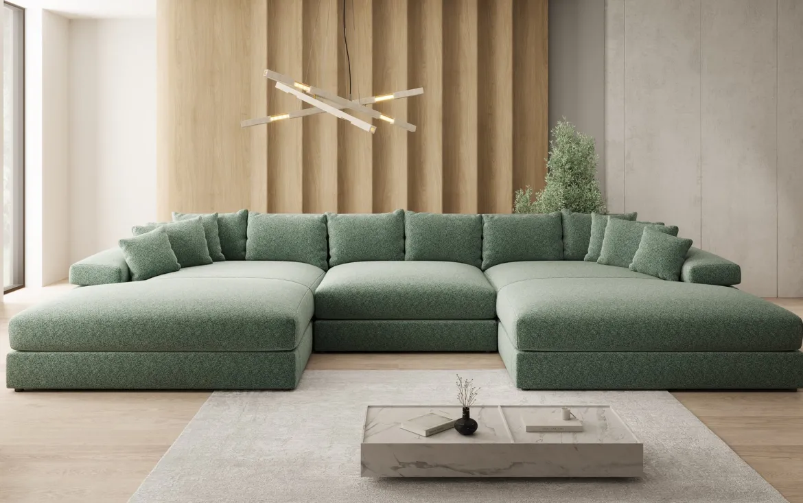 Designer Sofa Bernardo U mit breiter Ottomane in Strukturstoff
