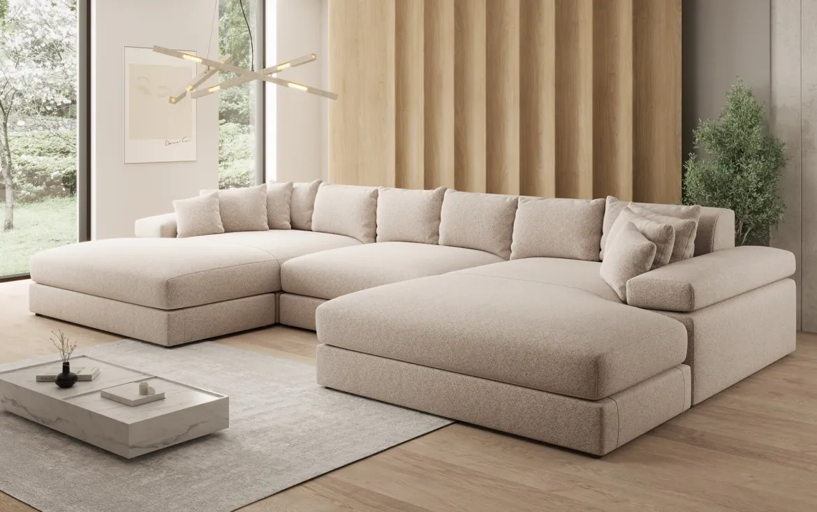 Designer Sofa Bernardo U mit breiter Ottomane in Strukturstoff