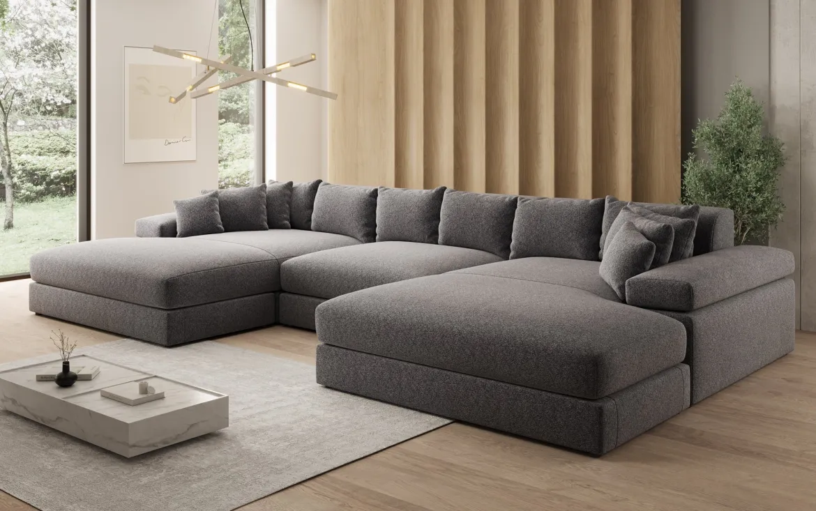 Designer Sofa Bernardo U mit breiter Ottomane in Strukturstoff