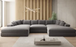 Designer Sofa Bernardo U mit breiter Ottomane in Strukturstoff