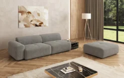 Designer Sofa Calm 3 Sitzer mit Beistellhocker und Beistelltisch in Bouclé