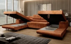 Designer Sofa Calvera U mit Schlaf- und Klappfunktion in Cord