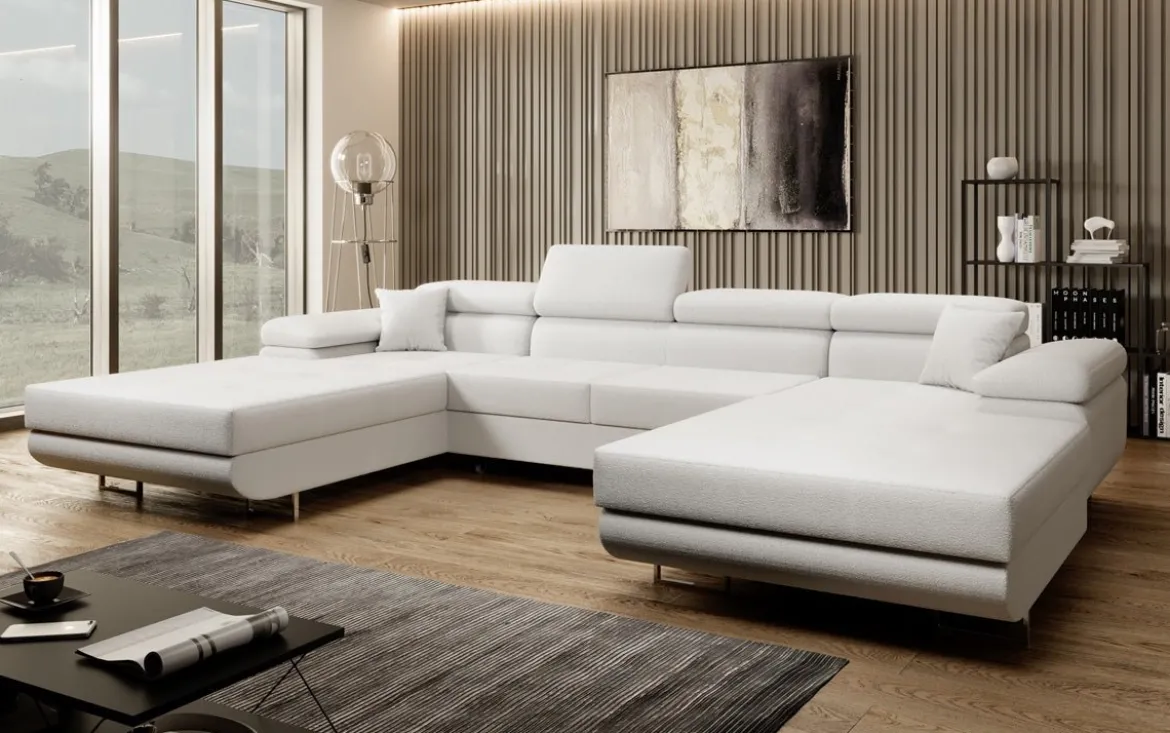 Designer Sofa Calvera U mit Schlaf- und Klappfunktion in Bouclé