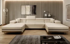 Designer Sofa Calvera U mit Schlaf- und Klappfunktion in Bouclé