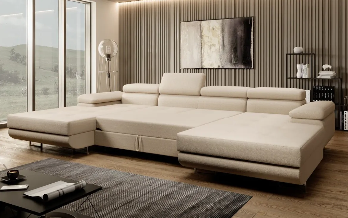 Designer Sofa Calvera U mit Schlaf- und Klappfunktion in Bouclé