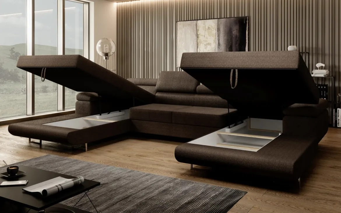 Designer Sofa Calvera U mit Schlaf- und Klappfunktion in Bouclé