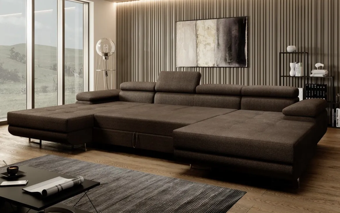 Designer Sofa Calvera U mit Schlaf- und Klappfunktion in Bouclé