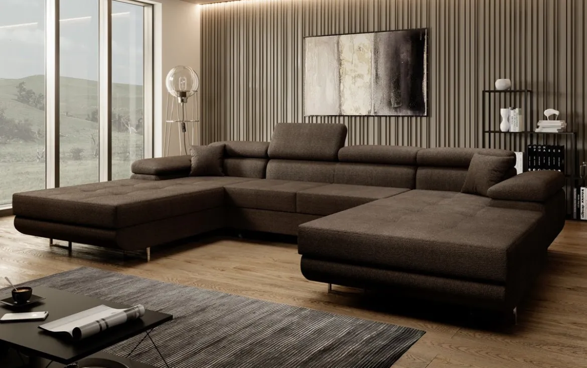 Designer Sofa Calvera U mit Schlaf- und Klappfunktion in Bouclé
