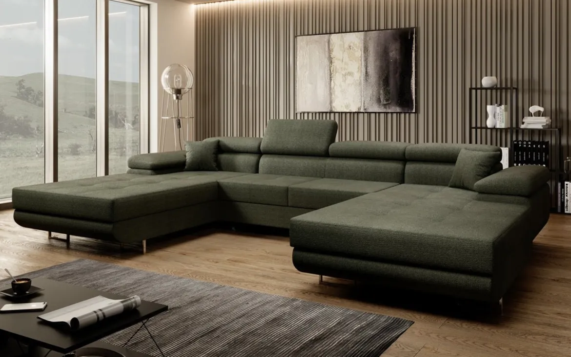 Designer Sofa Calvera U mit Schlaf- und Klappfunktion in Bouclé