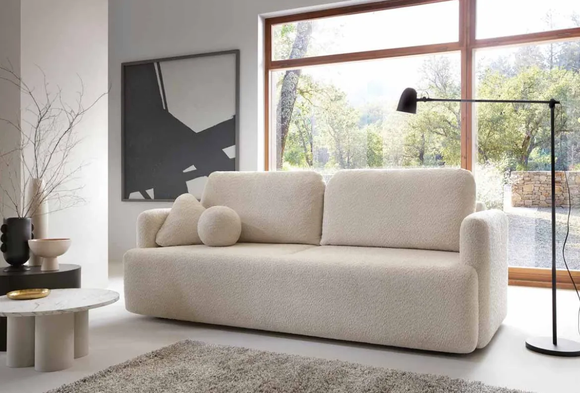 Designer Sofa Celiné Bouclé mit Schlaffunktion und Stauraum