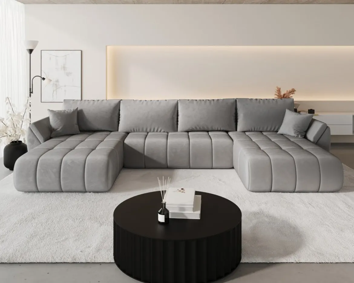 Designer Sofa Lenoa U mit Schlaf- und Klappfunktion in Samt