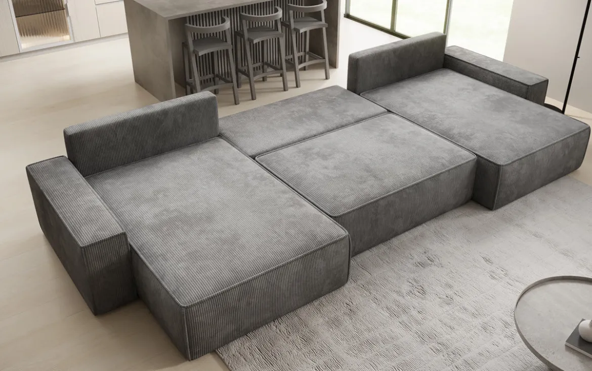 Designer Sofa Lunaro U mit Schlaffunktion und Stauraum in Cord