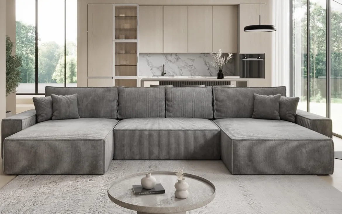 Designer Sofa Lunaro U mit Schlaffunktion und Stauraum in Cord