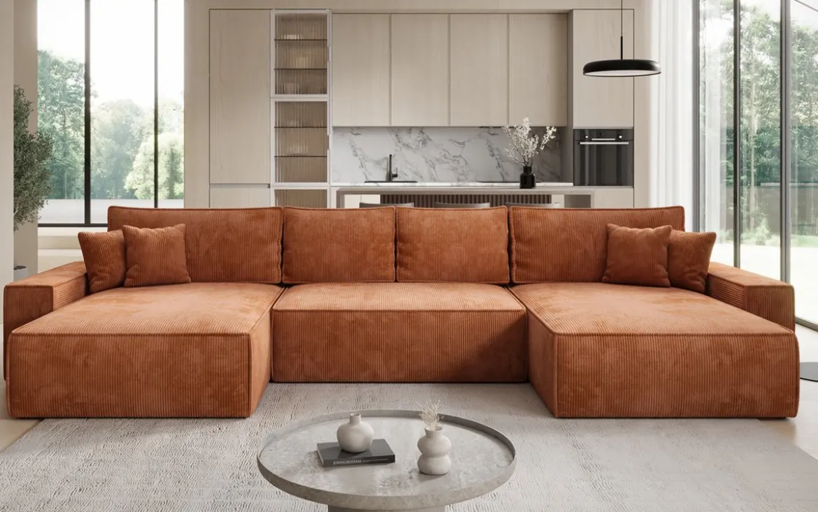 Designer Sofa Lunaro U mit Schlaffunktion und Stauraum in Cord