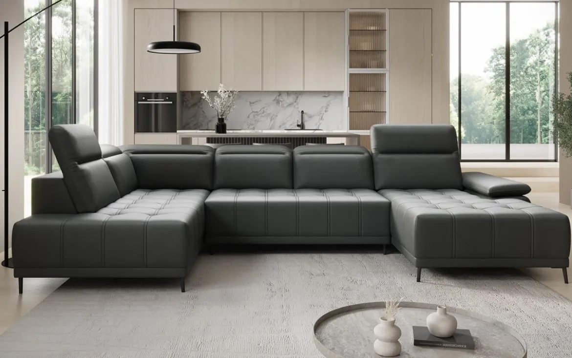 Designer Sofa Lyra U mit elektrischer Schlaffunktion in Echtleder