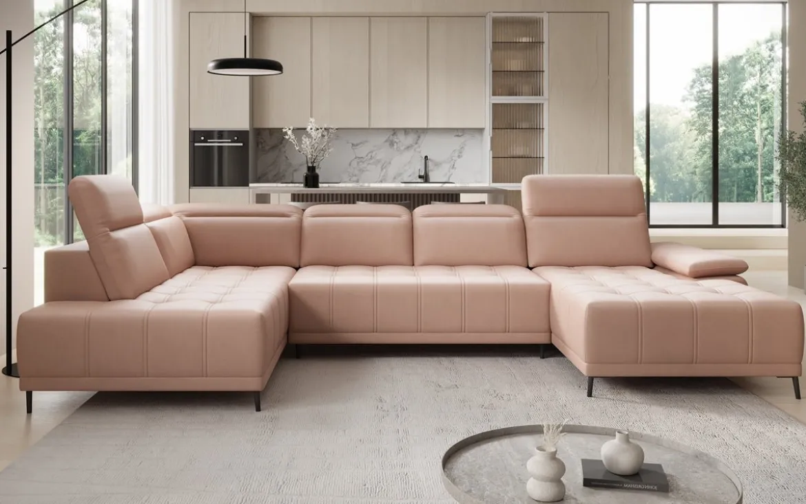 Designer Sofa Lyra U mit elektrischer Schlaffunktion in Echtleder