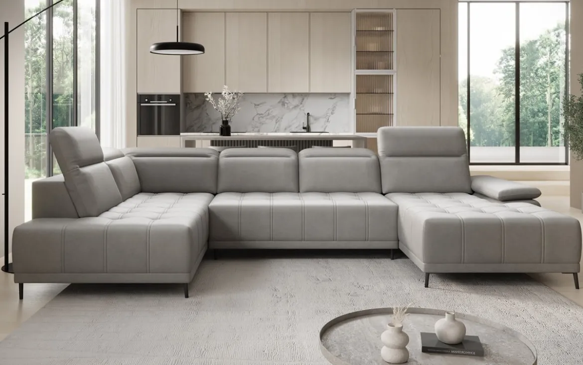 Designer Sofa Lyra U mit elektrischer Schlaffunktion in Echtleder