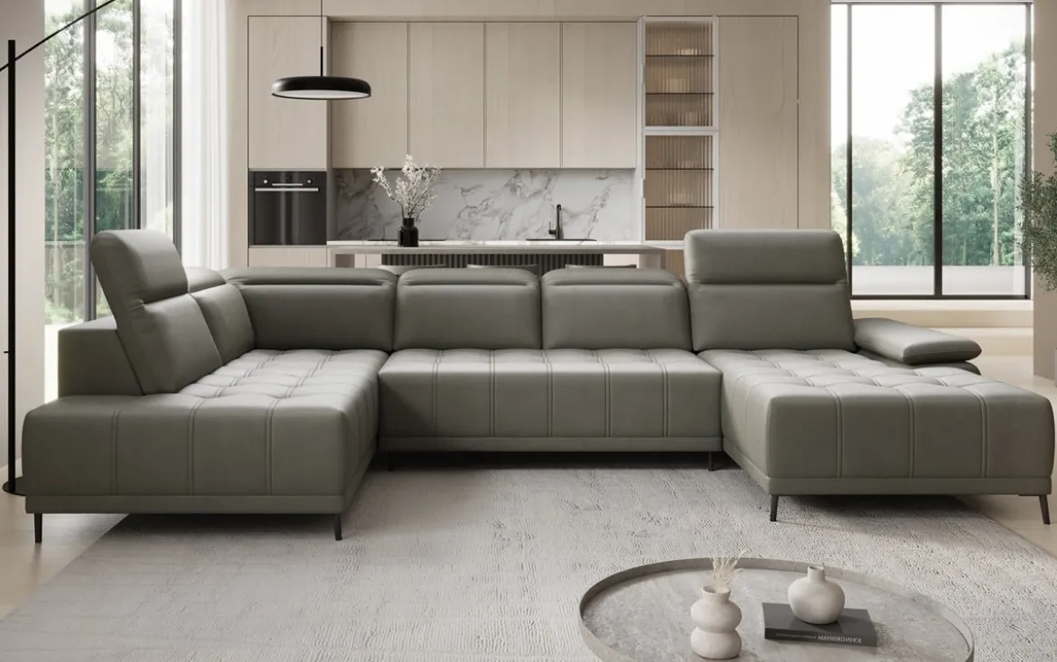 Designer Sofa Lyra U mit elektrischer Schlaffunktion in Echtleder