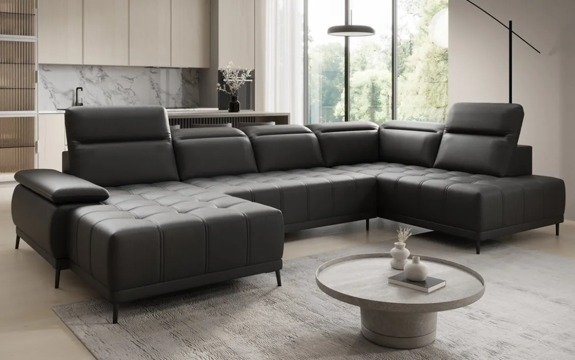 Designer Sofa Lyra U mit elektrischer Schlaffunktion in Echtleder
