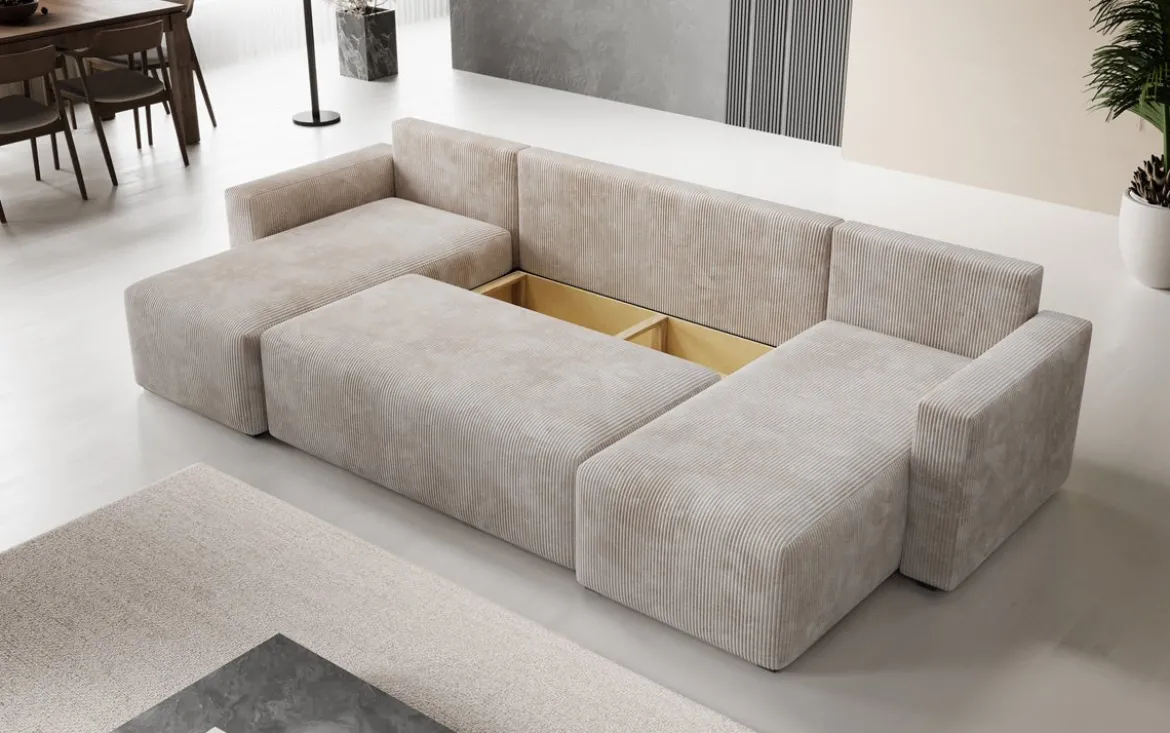 Designer Sofa Melva U mit Schlaf- und Klappfunktion in Cord