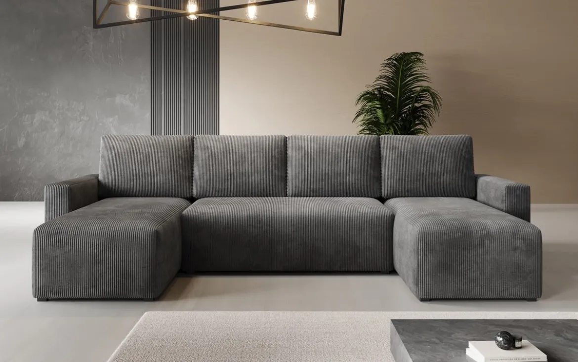 Designer Sofa Melva U mit Schlaf- und Klappfunktion in Cord