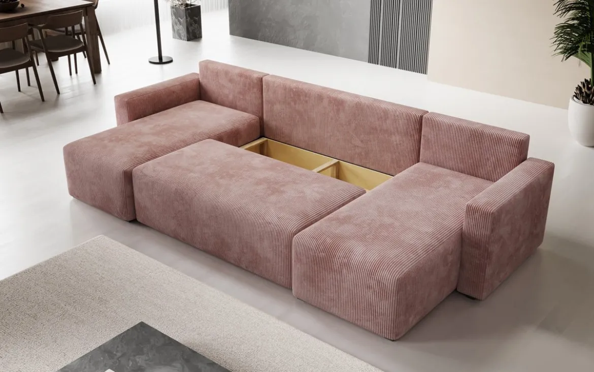 Designer Sofa Melva U mit Schlaf- und Klappfunktion in Cord