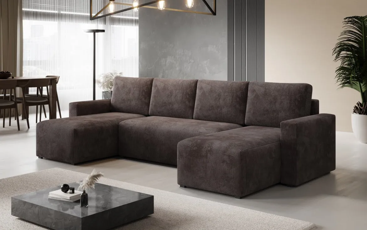 Designer Sofa Melva U mit Schlaf- und Klappfunktion in Cord
