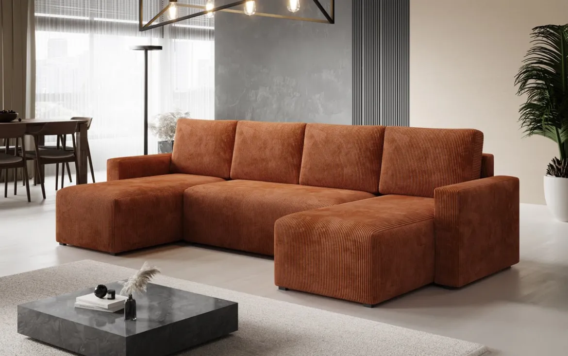 Designer Sofa Melva U mit Schlaf- und Klappfunktion in Cord