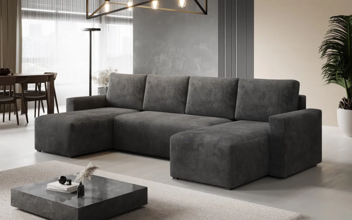 Designer Sofa Melva U mit Schlaf- und Klappfunktion in Cord