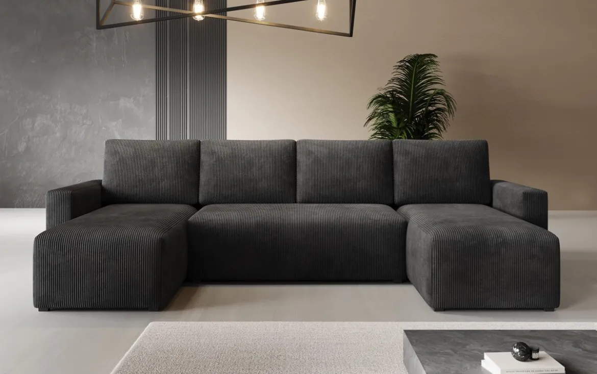 Designer Sofa Melva U mit Schlaf- und Klappfunktion in Cord