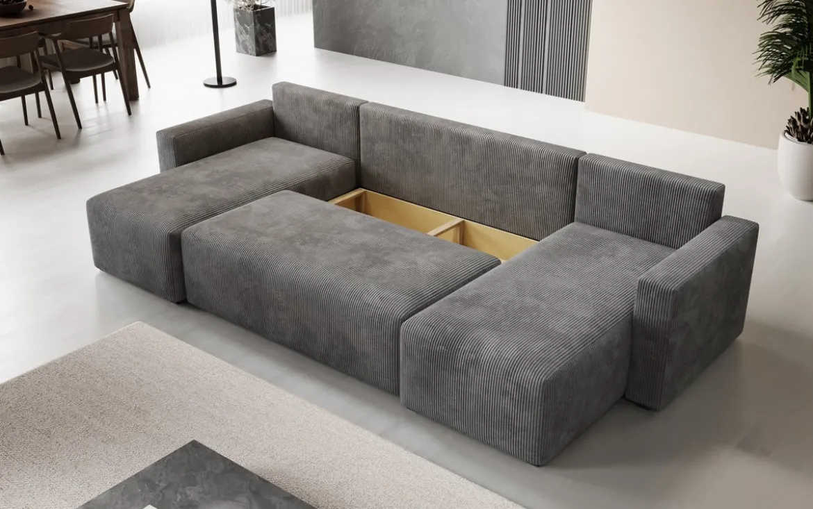 Designer Sofa Melva U mit Schlaf- und Klappfunktion in Cord