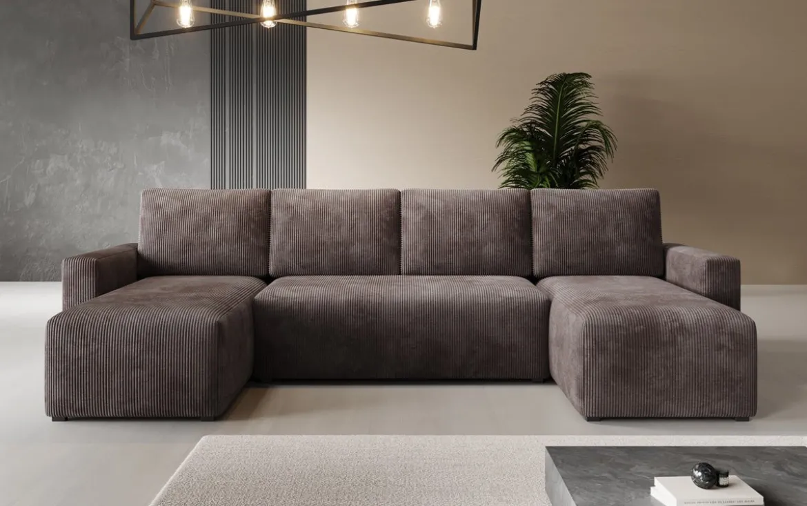 Designer Sofa Melva U mit Schlaf- und Klappfunktion in Cord