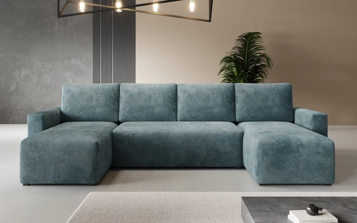 Designer Sofa Melva U mit Schlaf- und Klappfunktion in Cord