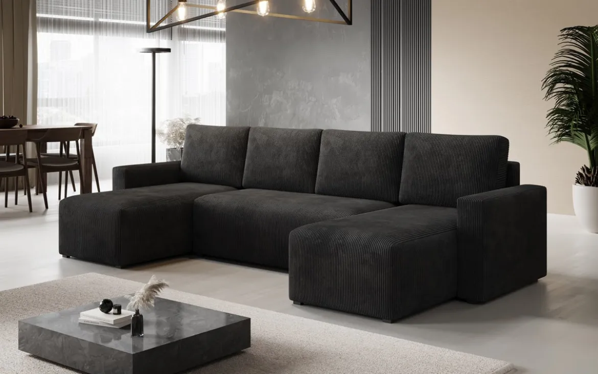 Designer Sofa Melva U mit Schlaf- und Klappfunktion in Cord