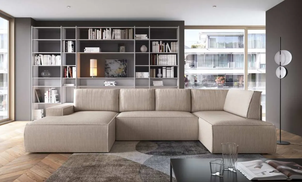 Designer Sofa Rondo Beige Cord mit Schlaffunktion
