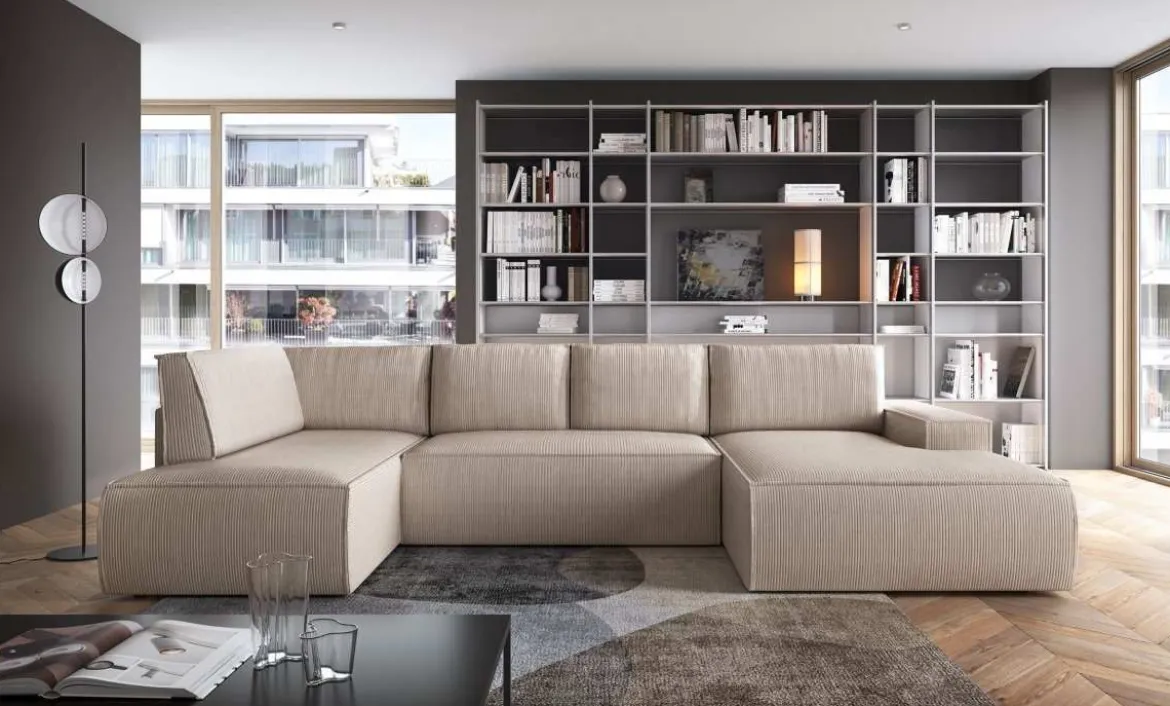 Designer Sofa Rondo Beige Cord mit Schlaffunktion