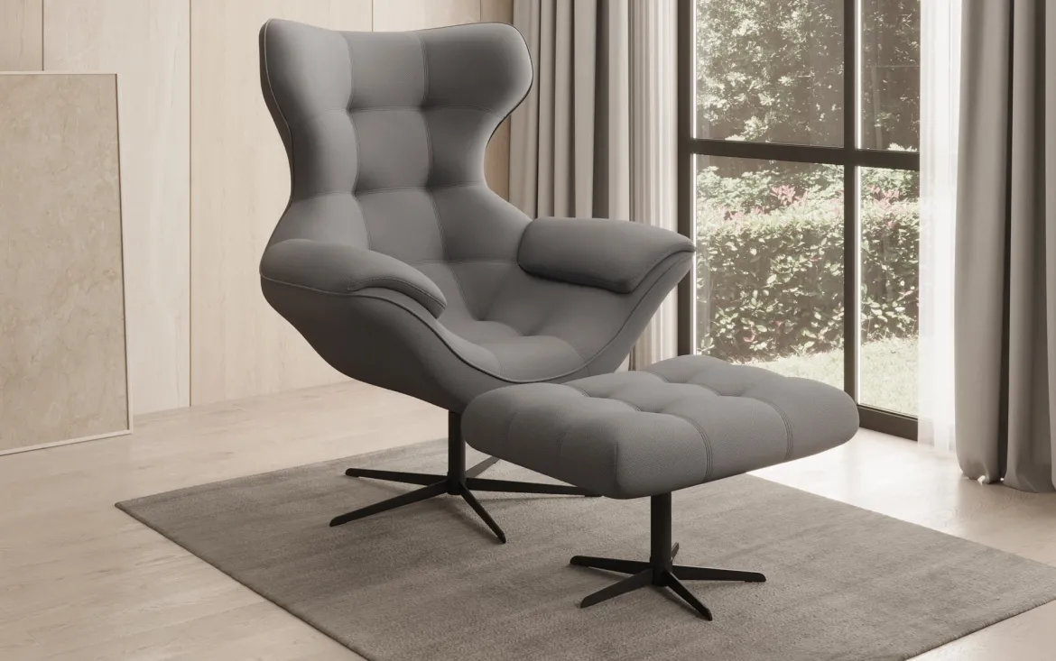 Designer Sofa-Sessel Aurelio inkl. Beistellhocker in Stoff