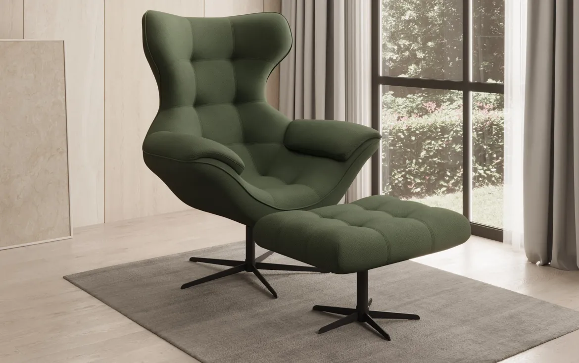 Designer Sofa-Sessel Aurelio inkl. Beistellhocker in Stoff